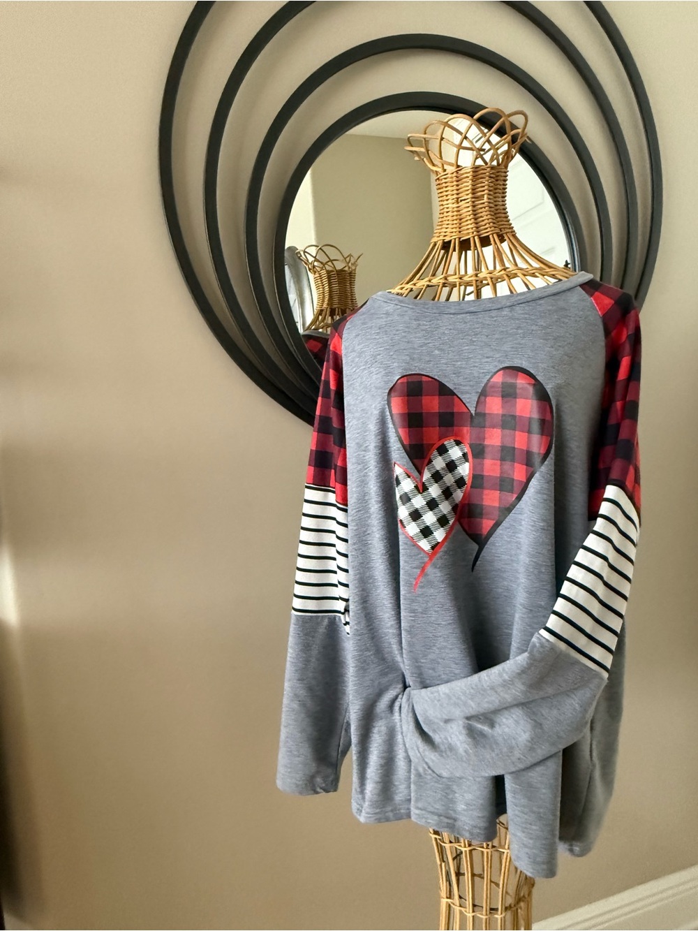 Gray Heart Patchwork Pullover with Buffalo Plaid